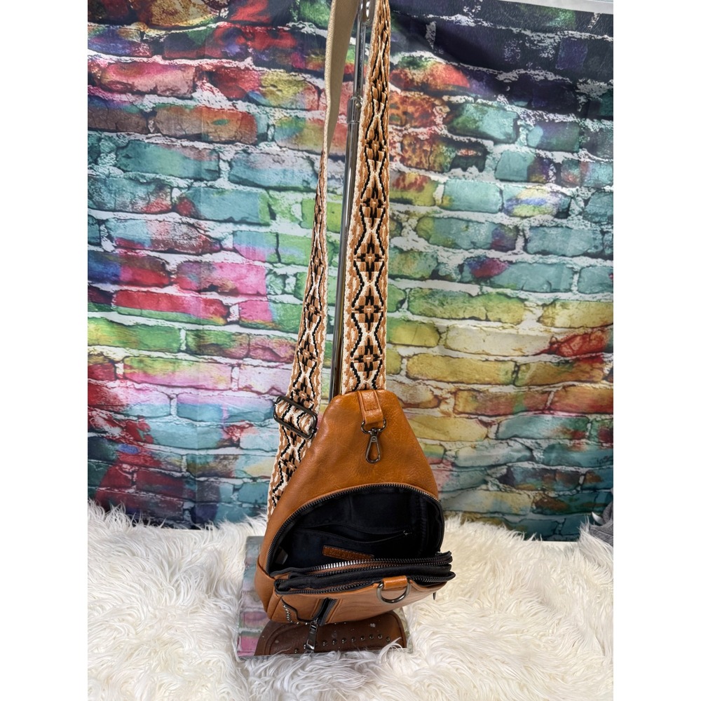 Sam & Hadley Cognac Brown Vegan Leather Sling Bag Geo Guitar Strap Crossbody